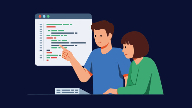 Two colleagues collaborating on coding project with colorful code on screen