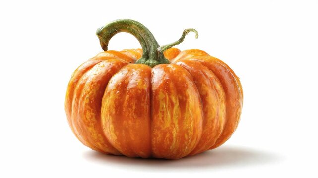 Vibrant orange pumpkin with green stem on plain white background
