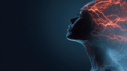 A woman's profile against a dark background, with digital light emanations over the head, suggesting thought and energy