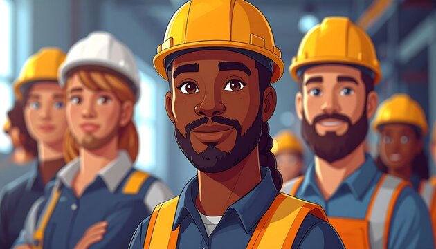 Group of diverse construction workers, all wearing safety helmets and vests, looking forward with confident expressions - Powered by Adobe