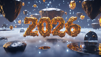 2026: A vision of the future with glittering numbers amid celestial bodies and mirrored water, symbolizing the anticipation and boundless potential of a new year.