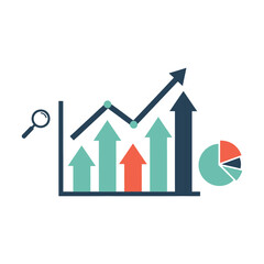 Business Growth Chart & Analytics Icons: Upward Trend Bar Graph, Line Graph, Magnifying Glass, Pie Chart for Financial Analysis, Data Visualization, Market Trends