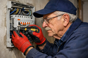 Elderly electrician carefully tightens screw in fuse box, focusing on precision and safety during electrical maintenance at home.
