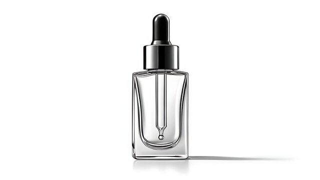 A clear glass dropper bottle with a silver cap and black dropper, casting a shadow on a white surface