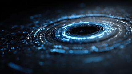 Cybersecurity threat intelligence data network technology digital abstract futuristic ring of blue light and data orbiting dark center, moody glow