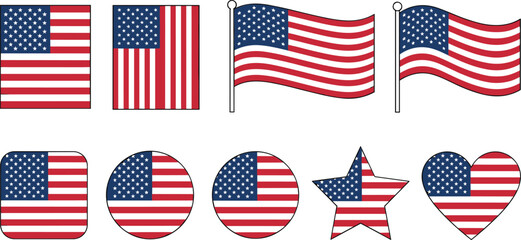 Fototapeta premium American flag icons in various shapes and styles for patriotic use