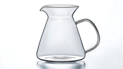 A clear glass pitcher, with a handle and spout, sits against a gradient white background, highlighting its shape