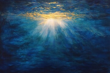 Deep blue underwater scene with golden sunrays filtering through the surface, casting shimmering light trails across gentle ocean currents. 