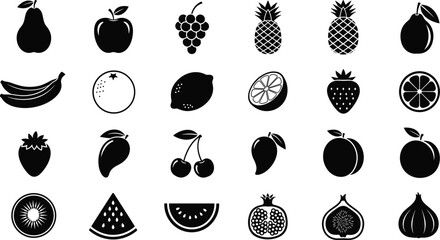 Collection of various fresh fruit icons in black