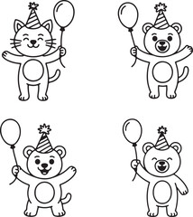 Obraz premium Cute Cartoon Cat and Bear Birthday Party Line Art Set
