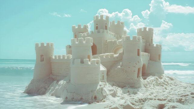 The depicts a large sandcastle with multiple turrets and towers, built on a sandy beach. The castle is intricately detailed with what appears to be drawbridges