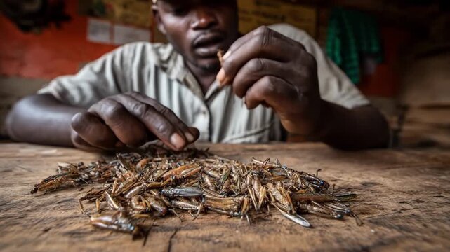 Medium shot of smallscale cricket flour production showing hands sorting and cleaning crickets on a rustic wooden table