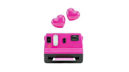 Pink Polaroid Camera with Floating Hearts on White Background
