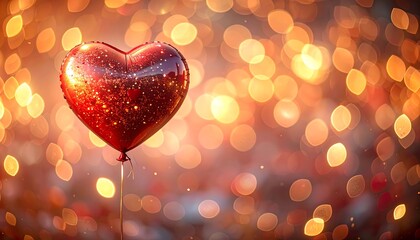 A heart-shaped red balloon, adorned with glitter, floats against a soft bokeh background of warm, golden orbs. The focus is on the balloon