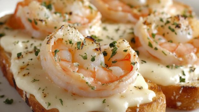 A tempting appetizer with cooked shrimp and melted cheese atop grilled bread garnished with fresh herbs.