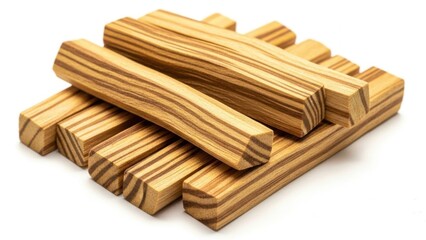 Pile of wooden blocks with striped pattern on white background