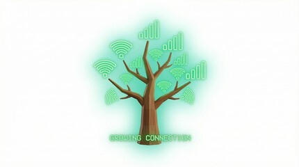 Digital tree with wifi symbol leaves and signal bars on a white background