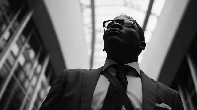 A man in a suit and tie walks through a well-lit office atrium with a blurred background.