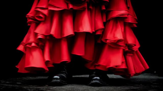 Medium shot focusing on layered ruffles of a vivid flamenco skirt paired with sturdy leather shoes showcasing dynamic textures and passionate dance energy.