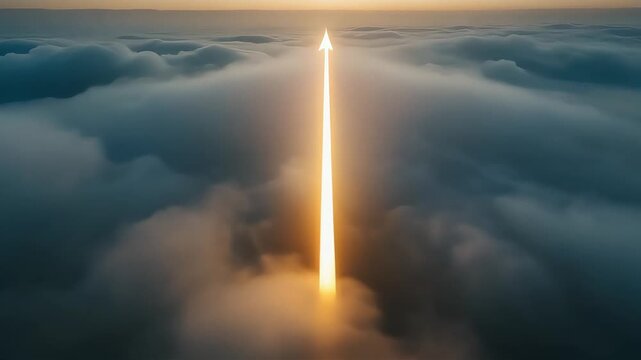 A sharp golden glowline pierces through soft clouds and haze, forming an upward arrow that symbolizes sudden insight, breakthrough, growth, clarity, and strategic direction.