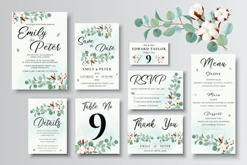Wedding invitation suite with eucalyptus and cotton flowers © Sakib