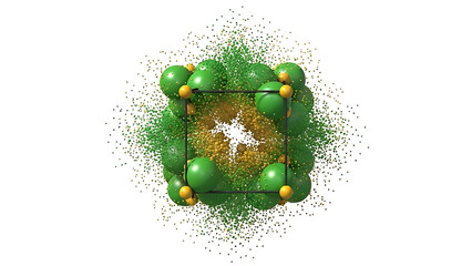Abstract Green and Gold Spheres Particle Explosion Concept
