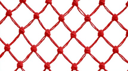 Naklejka premium Close-up of a red knotted rope net against a plain white background. The pattern showcases a repeating diamond grid