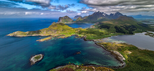 View From Offersoykammen Mountain Over Coastal Landscape On Lofoten Islands In Norway