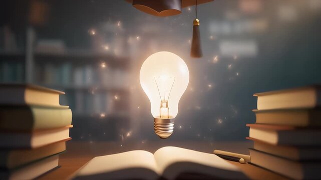 Glowing light bulb above an open book with graduation cap in a calm academic setting, symbolizing learning, insight, education success, knowledge growth, and intellectual clarity.