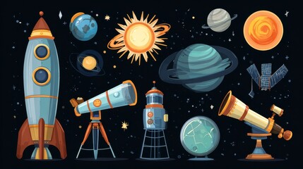 A cartoon illustration of space exploration elements, including planets, a rocket, telescopes, a satellite, and stars, arranged against a dark blue background