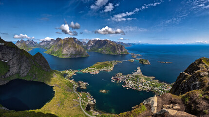 Spectacular Viewing Point Reinebringen Over Coastal Landscape At Reine And Hamnoy On Lofoten Islands In Norway
