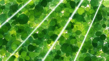 Captivating abstract background of vibrant green circles, brilliantly illuminated by luminous diagonal light streaks, evoking natural energy and fresh vitality