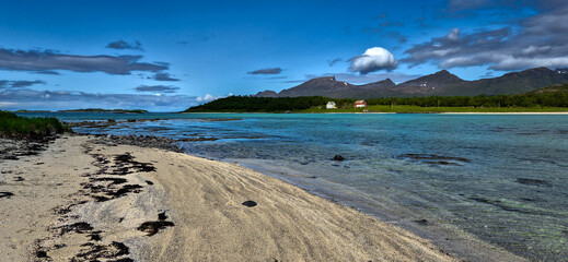 White Sand Beach At Calm Fjord On Senja Island At Vesteralen In Norway