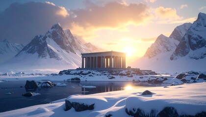 A classical temple bathed in golden sunlight against a backdrop of snow-covered mountains, reflecting on tranquil water