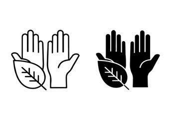 Obraz premium Two Hand Icons with Leaf - Outline and Filled Black Vector Illustrations