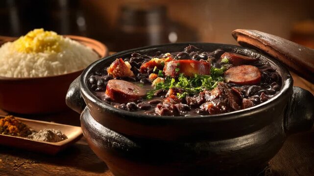 Hearty feijoada stew with rice and spices, a traditional Brazilian dish