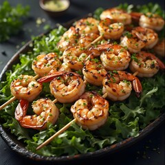 Grilled shrimp skewers with garlic butter, served on a bed of greens.