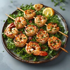Grilled shrimp skewers with garlic butter, served on a bed of greens.