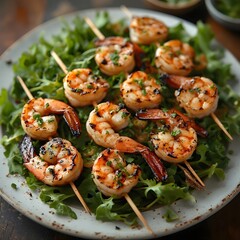 Grilled shrimp skewers with garlic butter, served on a bed of greens.