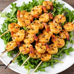 Grilled shrimp skewers with garlic butter, served on a bed of greens.