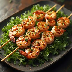 Grilled shrimp skewers with garlic butter, served on a bed of greens.