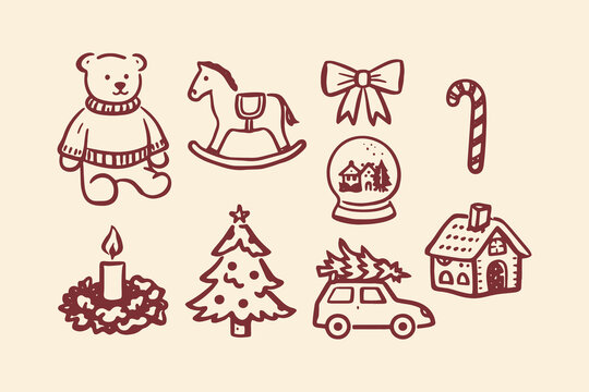 Christmas set teddy bear tree car gingerbread doodle vector illustration - Powered by Adobe
