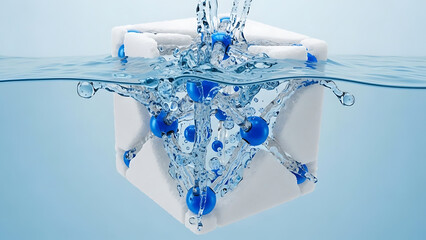 Cube Dissolving In Water Blue Spheres Liquid Splash