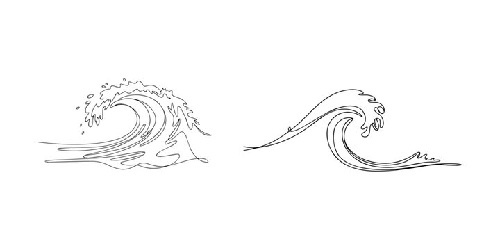 Ocean wave continuous one line drawing outline  vector illustration.Pro vector, Continuous one line drawing of big ocean wave with graph peaks representing market tsunami or fluid dynamics, water spla