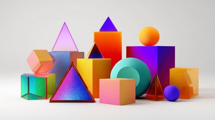 A vibrant, abstract composition featuring a collection of multicolored 3D geometric shapes, artfully arranged against a plain white background