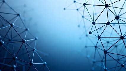 Abstract blue 3D network of connected nodes and lines on blurred background, symbolizing digital communication, data transfer, neural networks and modern internet technology concept.
