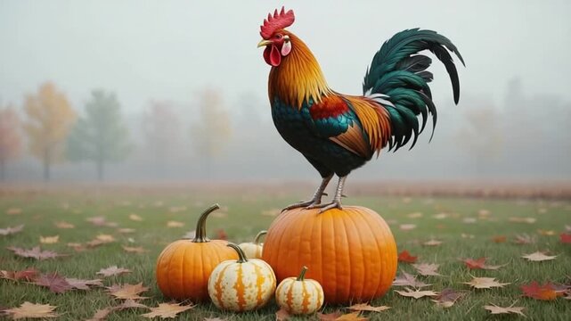 cool rooster with pumpkins in autumn farm video