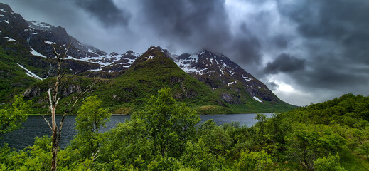 Snowy Mountains And Calm Fjord On Lofoten Islands In Norway