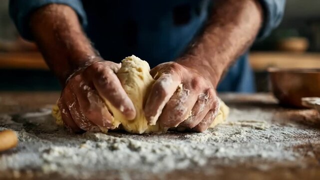Midshot of a person kneading a mix of durum flour and water on a floured surface capturing the tactile process and consistency needed for quality fresh pasta dough.