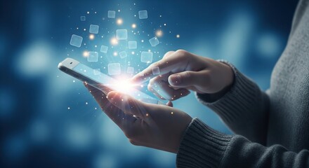 Person interacting with smartphone and digital interface elements